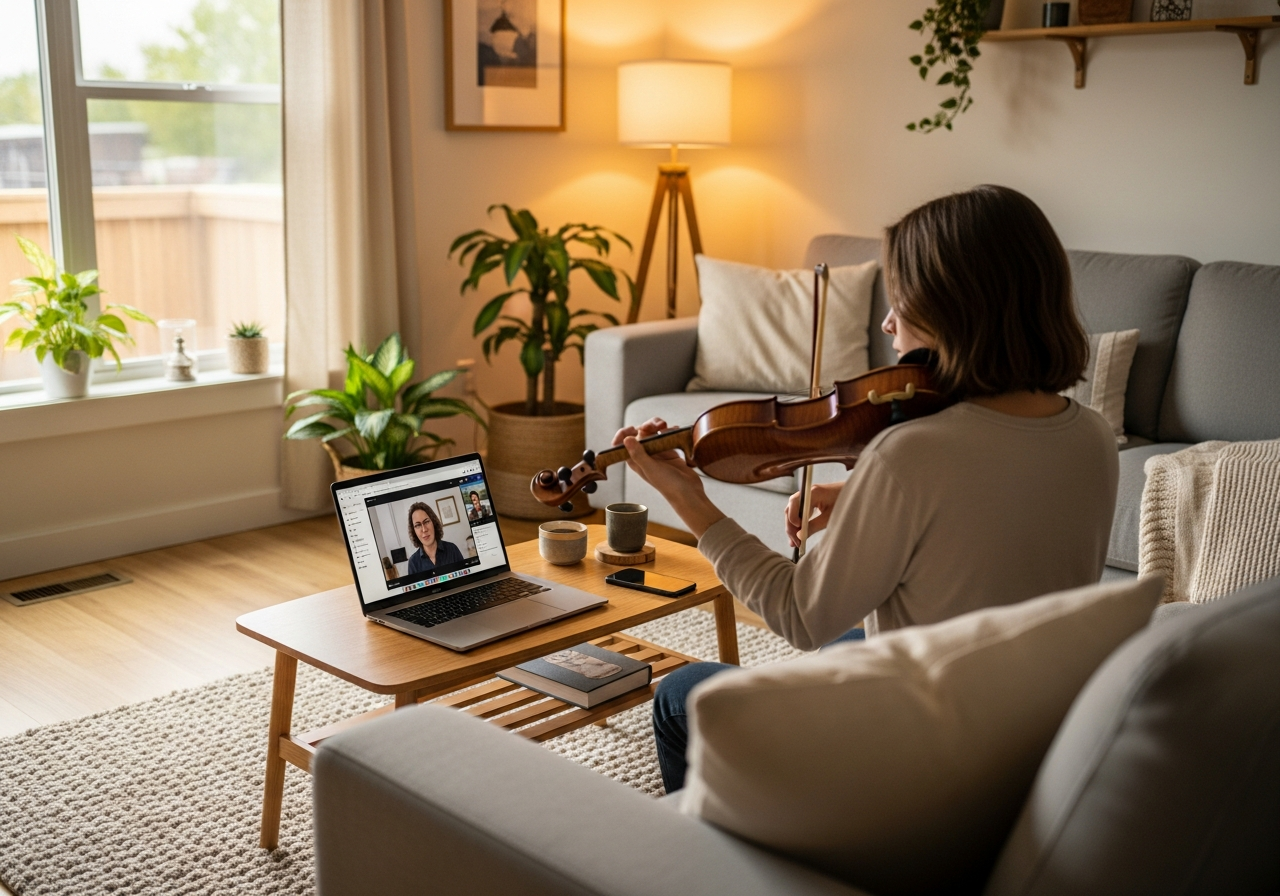 Человек учится играть на скрипке дома